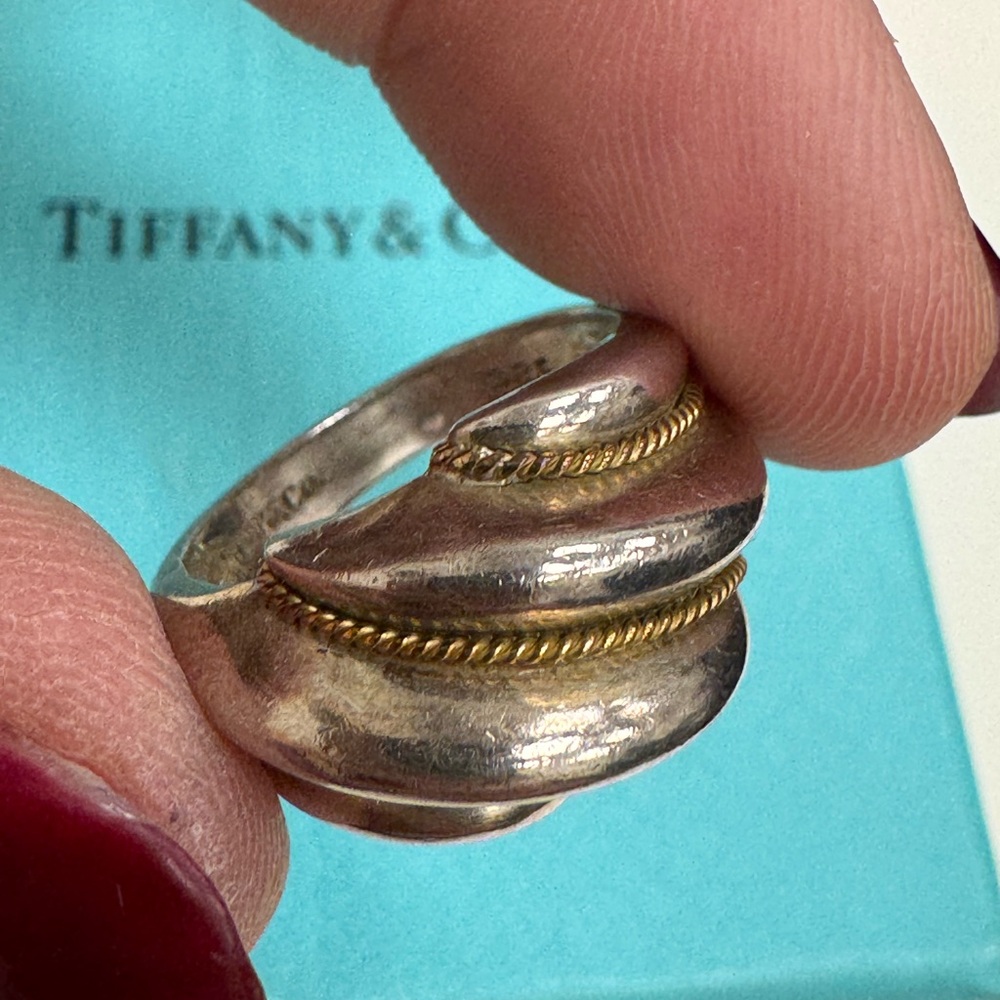 Tiffany & Co Sterling Silver and 18k Gold Wavy Dome Vintage Ring Size 6 4.9g